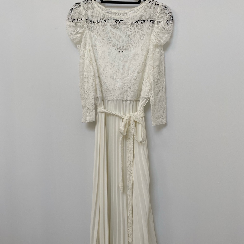 Gigot Sleeve Lace Bodice Belted Dress